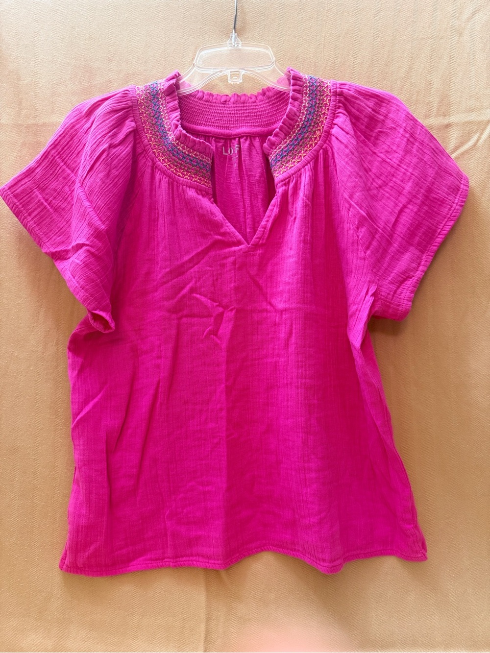 LOFT Pink Boho Short-Sleeve Women's Top with Embroidered Neckline